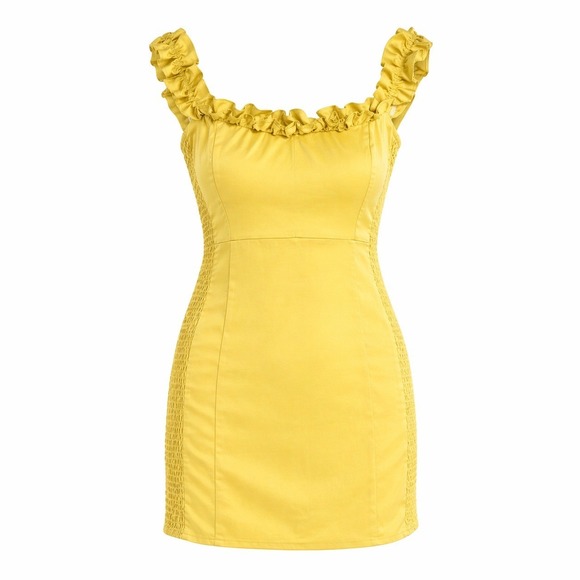Astr Dresses & Skirts - ASTR The Label Yellow Lemon Mini Dress Womens L Linen Blend Shirred Side Resort